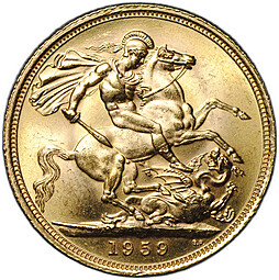 Монета 1 соверен (фунт) 1959 Великобритания