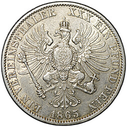 Монета 1 союзный талер 1865 A Пруссия Германия