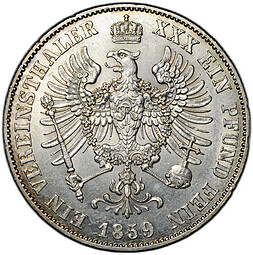 Монета 1 союзный талер 1859 A Пруссия Германия