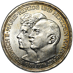 Монета 3 марки 1914 25 лет свадьбы Фридриха и Марии Анхальт-Дессау Германия