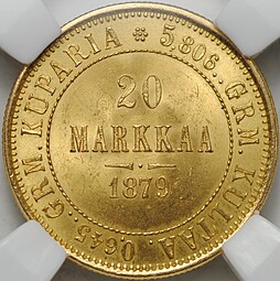 Монета 20 марок 1879 S Русская Финляндия слаб ННР MS 64