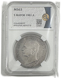 Монета 5 марок 1901 A Ольденбург Германия слаб ННР MS 63